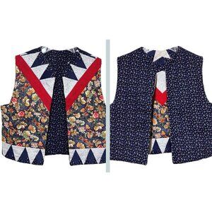 Vintage Handmade Cropped Quilted Vest M Reversible Floral Cotton Coastal Cowgirl